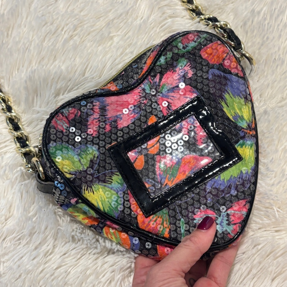 BETSEY JOHNSON Butterfly Heart Shaped Sequin Shoulder Bag Long Strap Small Purse - Picture 5 of 11